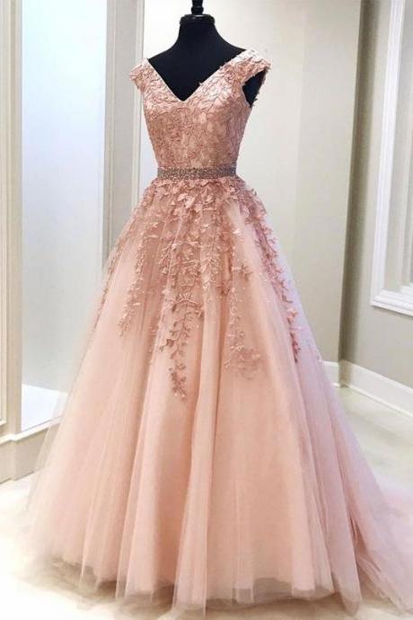 Pink V Neck Tulle Lace Long Prom Dress, Lace Evening Dress