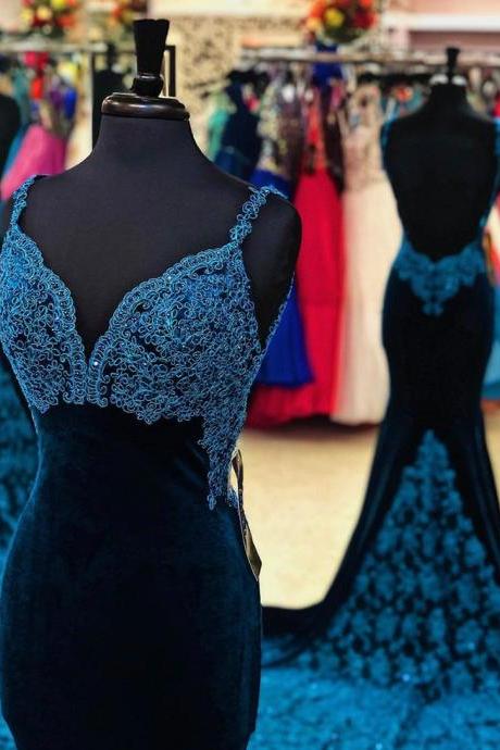 Blue velvet lace long mermaid prom dress