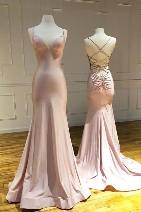 Pink Satin Long Prom Dress Backless Mermaid Evening Dress