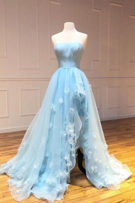 Strapless Blue tulle long prom dress blue evening dress