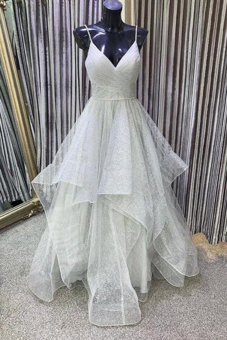 V Neck Tulle Sequins Long Prom Dress Evening Dress