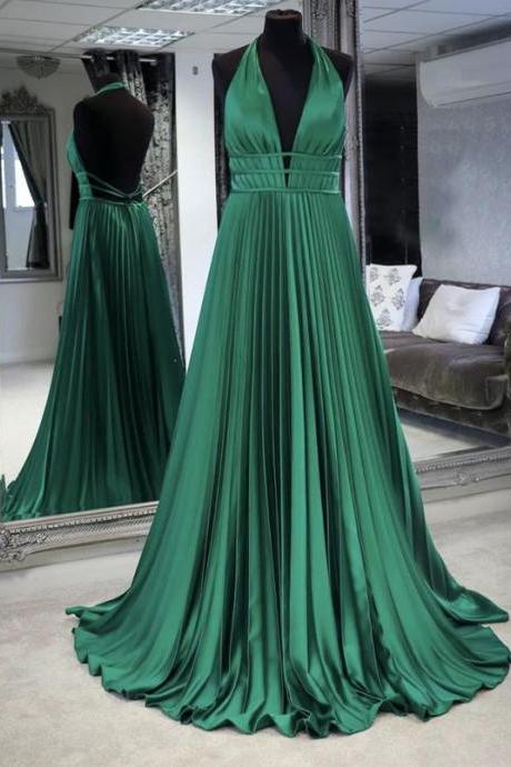 Green Satin V Neck Long Prom Dress Simple Evening Dress