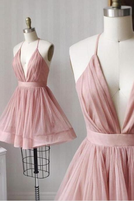 Pink V Neck Tulle Short Prom Dress Homecoming Dress
