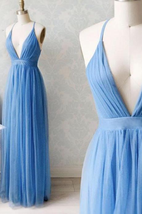 Blue V Neck Tulle Long Prom Dress Evening Dress