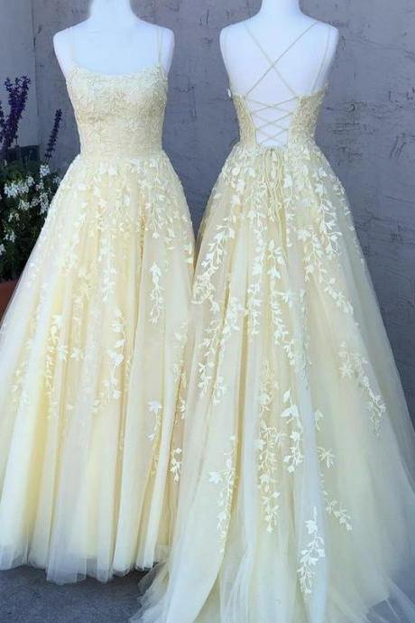 Yellow Tulle Lace Long Prom Dress Yellow Backless Evening Dress
