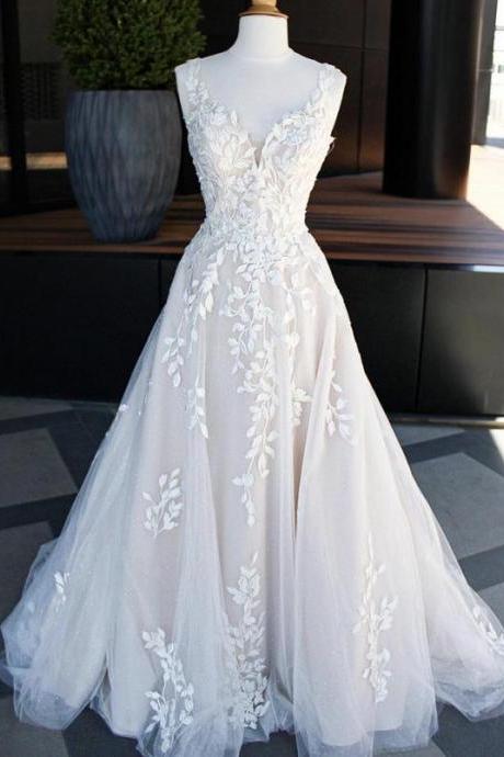 A Line White V Neck Tulle Lace Long Prom Dress Evening Dress