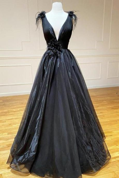 Black V Neck Tulle Long Prom Dress Evening Dress