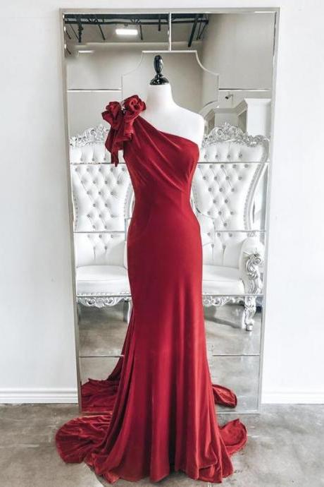 Custom Red Long Prom Dress Beading One Shoulder Formal Occasion Evening Dress