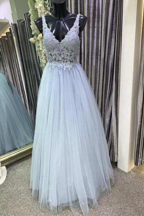 Blue V Neck Tulle Lace Applique Long Prom Dress Evening Dress Custom
