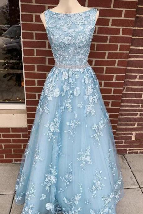 Blue lace Beading long prom dress blue evening dress