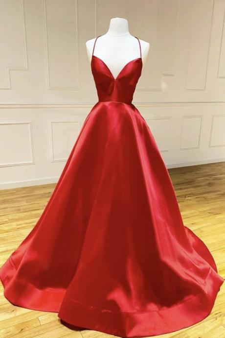 Red Satin Long Prom Dress Backless Formal Custom Simple Evening Dress