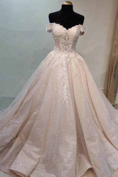 Pink Lace Long Off Shoulder A Line Prom Dress Evening Dress