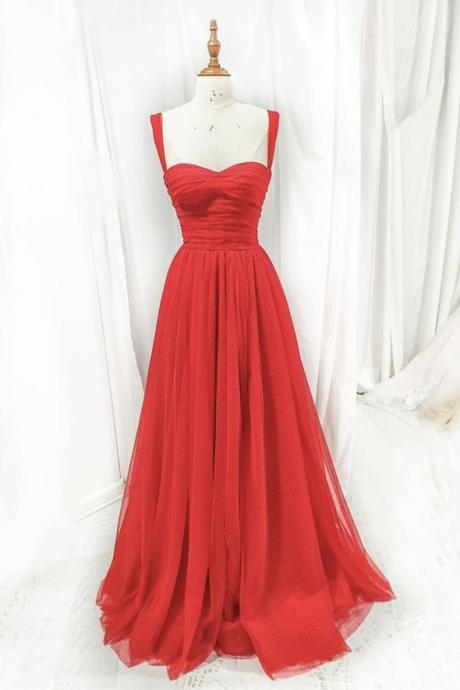 Red Tulle Long A Line Lace Up Back Prom Dress Evening Dress