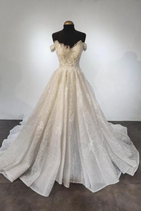 Light Champagne Off Shoulder Lace Applique Tulle Long Prom Dress A Line Evening Dress