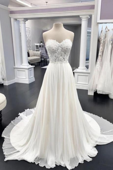 Fashion White Chiffon Lace Applique Long Prom Dress A Line Evening Dress