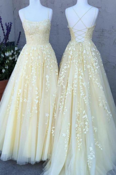 Yellow Lace Applique Long Full Length A Line Prom Dress Evening Dress