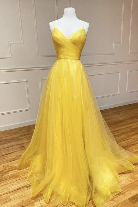 Yellow Tulle Long A Line Prom Dress Evening Dress