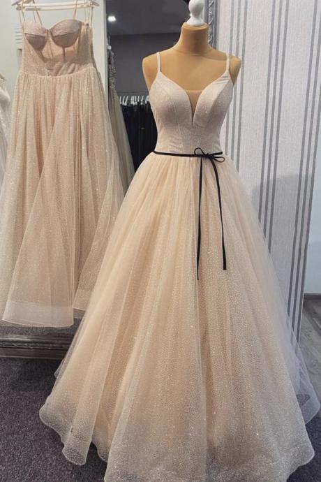 Fashoin Custom Champagne Tulle Sequins Long Prom Dress Formal Evening Gown