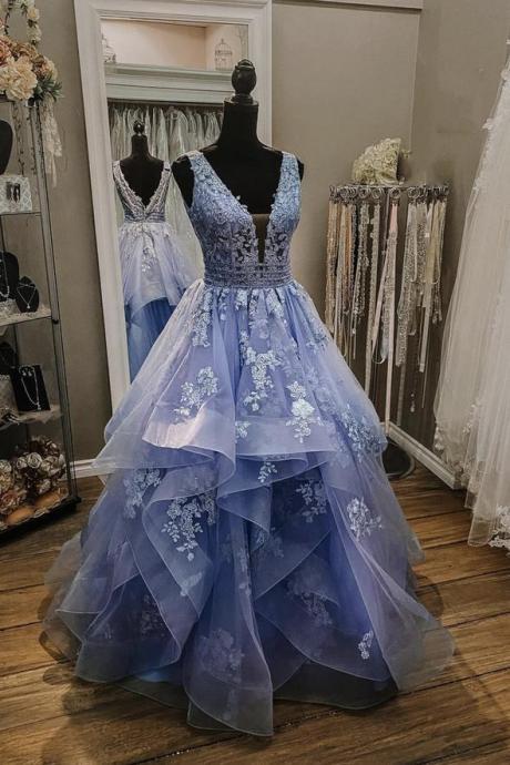 Blue Tulle Lace Applique Long Prom Dress Custom A Line Evening Gown