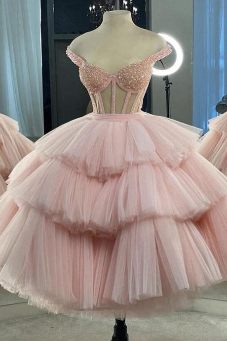 Pink Tulle Beads Custom Fashion Short Prom Dress Homecoming Dress
