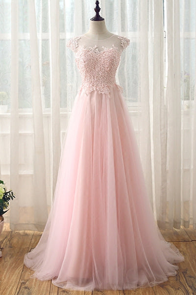 Pink Tulle Long Lace Prom Dress Cap Shoulder Long Evening Party Dress