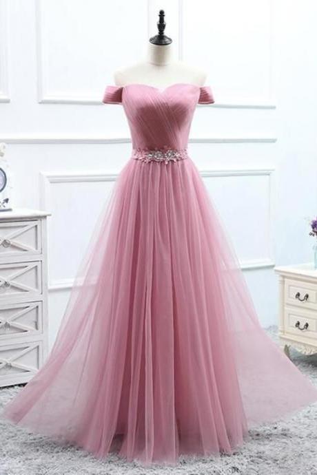 Fashion Off Shoulder Tulle Dark Pink Beading Evening Dress Long Prom Dresses