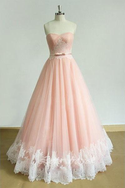 Sweetheart Neck Pink White Lace Applique Tulle Prom Dresses Formal Evening Dresses