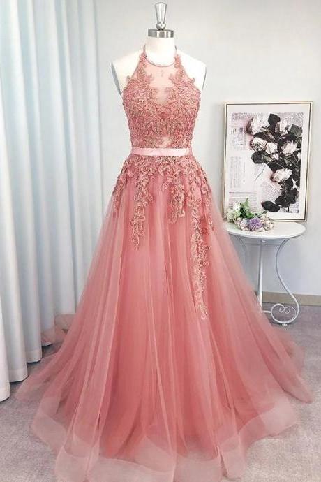 Halter Neck Pink Pink Lace Applique Tulle Prom Dresses Formal Evening Dresses