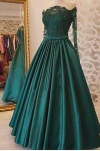Green Strapless Long Sleeve Lace Applique Tulle Prom Dresses Formal Evening Dresses