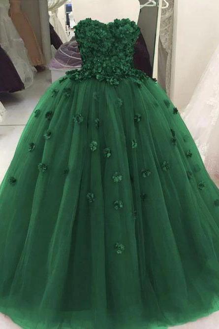 Green Ball Gown Applique Tulle Prom Dresses Formal Evening Dresses Formal Occasion Dress