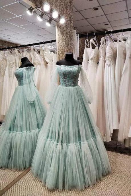 Light Green A Line Long Sleeve Tulle Prom Dresses Formal Evening Dresses Formal Occasion Dress