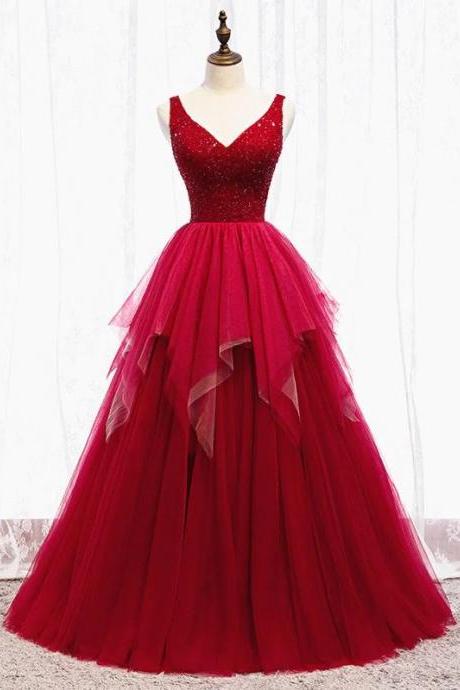 Red A Line V Neck Tulle Prom Dresses Formal Evening Dresses Formal Occasion Dress
