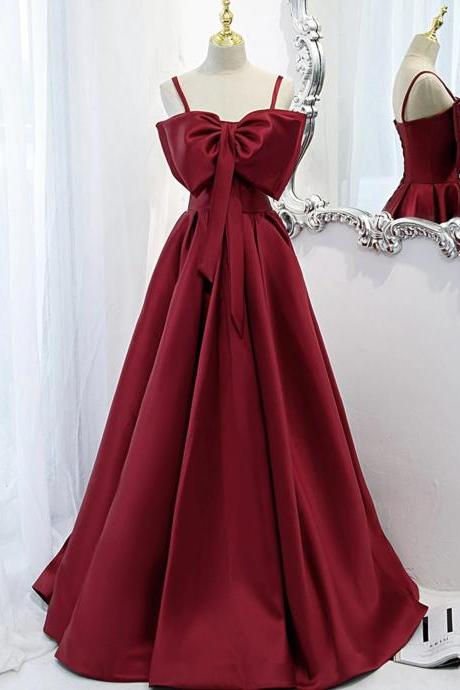 Red A Line Satin Prom Dresses With Bow Formal Evening Dresses Formal Occasion Dress