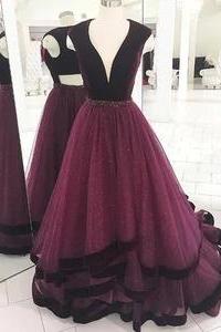 Black And Purple A Line V Neck Satin Tulle Prom Dresses Formal Evening Dresses Formal Occasion Dress