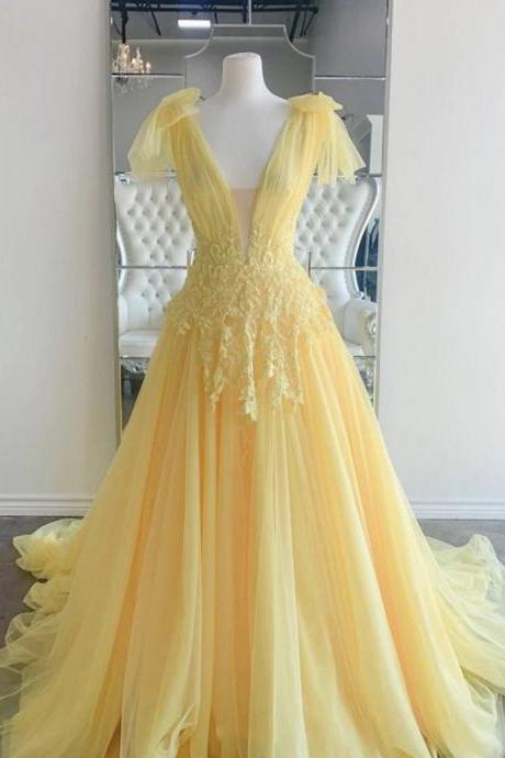 V Neck Yellow A Line Applique Tulle Prom Dresses Formal Evening Dresses Formal Occasion Dress