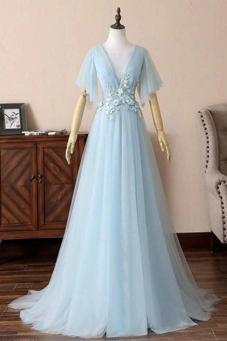 V Neck Blue A Line Tulle Prom Dresses Formal Evening Dresses Formal Occasion Dress
