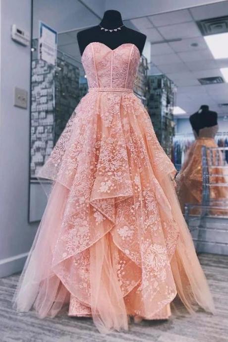 Pink Lace A Line Applique Tulle Prom Dresses Formal Evening Dresses Formal Occasion Dress