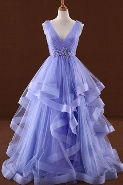 Fashion Tulle V-neckline Layers Long Sweet Dress Custom Light Purple Prom Dress Evening Party Dress D05