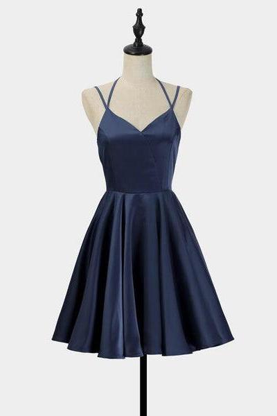 Navy Blue Simple V-neckline Short Straps Halter Homecoming Dresses,teen Dress, Summer Dress B003