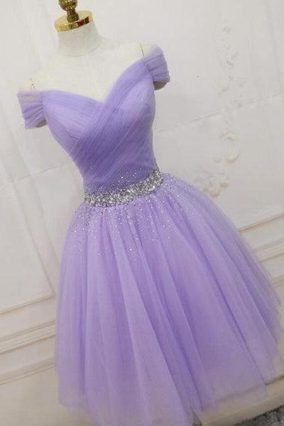 Lovely Light Purple Beaded Short Party Dress, Off Shoulder Homecoming Dress B004