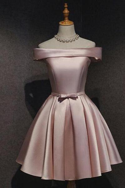 Pink Off Shoulder Homecoming Dress, Pink Party Dress, Cute Satin Dress B005