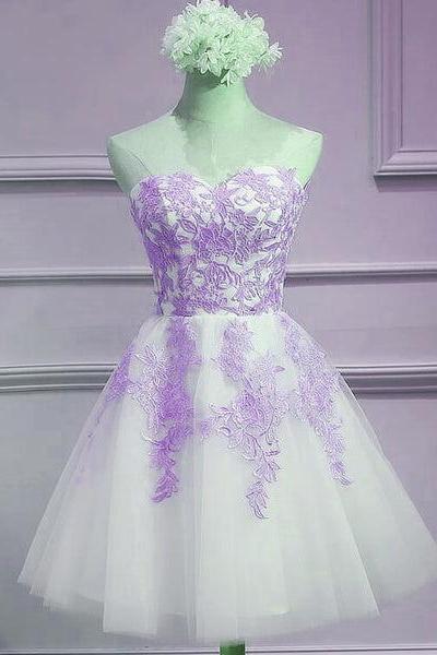 Lovely Sweetheart White Tulle With Purple Lace, Cute Party Dress C001