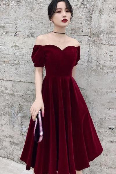 Wine Red Short Velvet Evening Dresses, Off Shoulder Prom Dresses Bridesmaid Dress C005