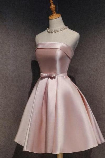 Cute Pink Satin Scoop Knee Length Short Prom Dress Homecoming Dress, Pink Formal Dresses C008