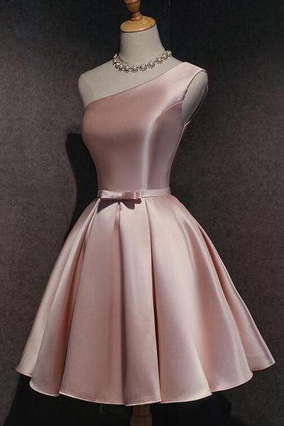Pink Satin One Shoulder Homecoming Dress, Knee Length Prom Dress C014