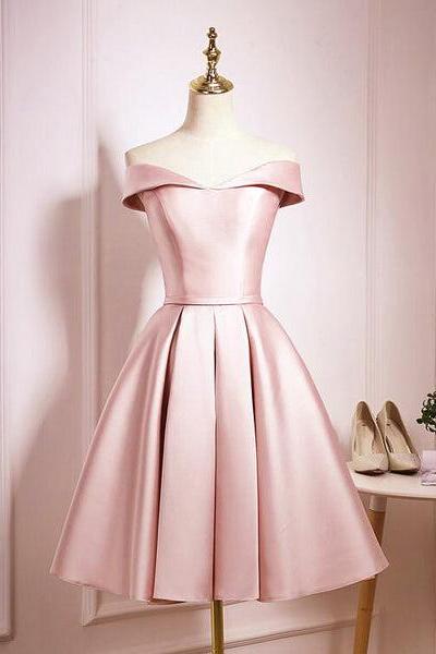Light Pink Off Shoulder Knee Length Bridesmaid Dress, Pink Satin Homecoming Dress C021