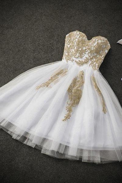 Cute White Tulle Party Dress With Gold Applique, Prom Dresses, Short Prom Dresses C022