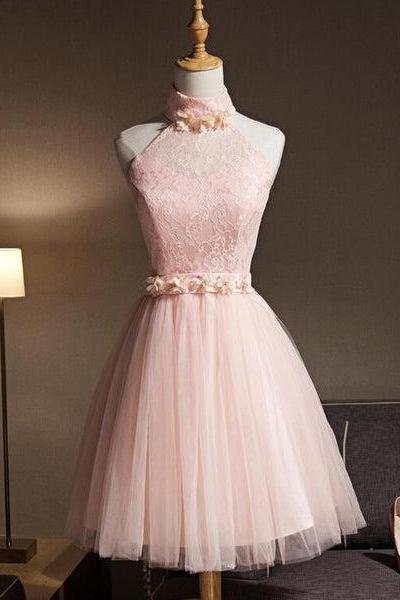Light Pink Halter Tulle And Lace Lovely Knee Length Formal Dress, Cute Party Dress, Pink Prom Dresses C025
