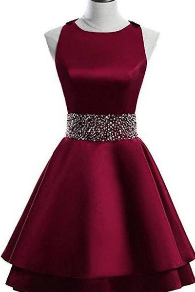 Dark Red Satin Short Two Layered Homecoming Dress, O-neckline Party Dress, Short Formal Dress C028