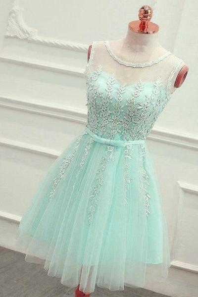 Cute Mint Green Tulle Short Party Dress With Lace Applique, Homecoming Dress C032